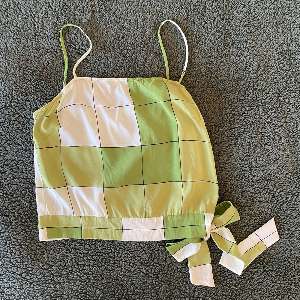Silk Halter Crop Top Lime Green Print Plaid Summer Tube with Straps Y2K bow tie